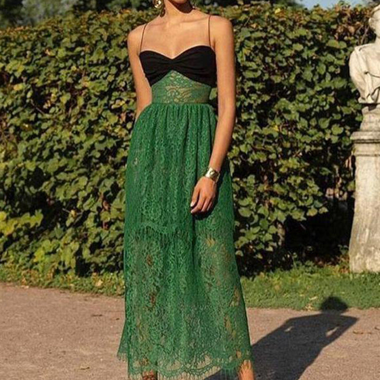 New Women'S Dress Suspender Sexy Lace Green Cutout Resort Multi-Layered Maxi Dress