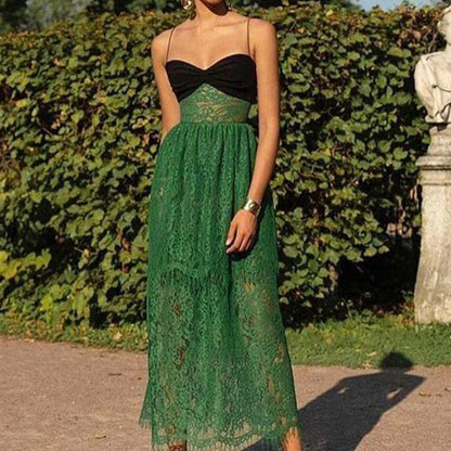 New Women'S Dress Suspender Sexy Lace Green Cutout Resort Multi-Layered Maxi Dress