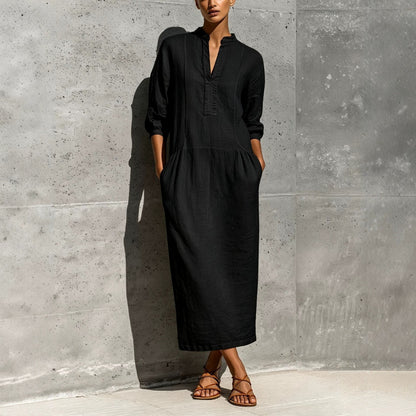 Linen Stand Collar Split V 3/4 Sleeve Drop Pocket Midi Dress