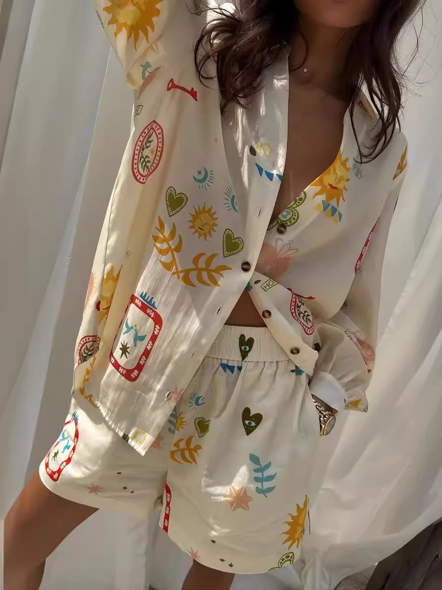 Fashion Print Linen Casual Cardigan Shorts Set