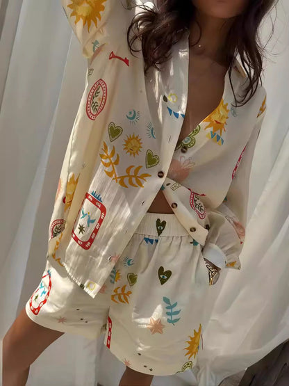 Fashion Print Linen Casual Cardigan Shorts Set