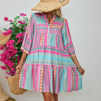 Women'S Clothing New Spring And Autumn Printing V-Neck Seven-Quarter Sleeve Dress