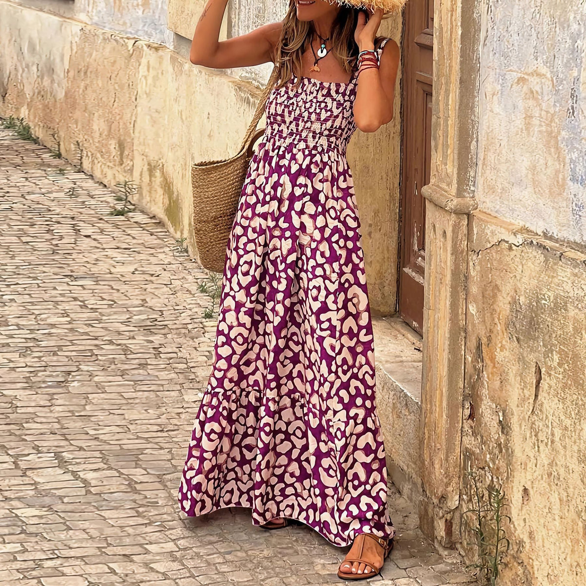 Summer Women'S Elegant Print Elastic Strap Skirt Holiday Style French Fragmented Flower Hanging Strap Long Dress