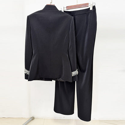 Beaded Collar Jacket Set Casual Long Pants