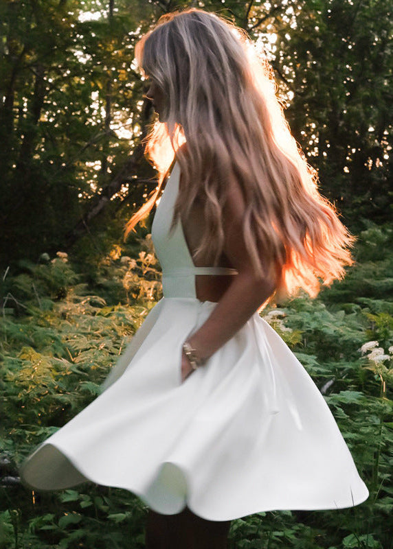 Halter Backless Fit Flare Dress White Fabric