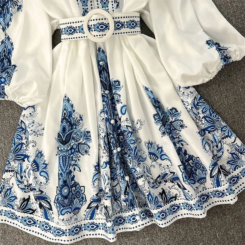 Fall New Women'S Fashion V-Neck Long Sleeve Bohemian Print Dress