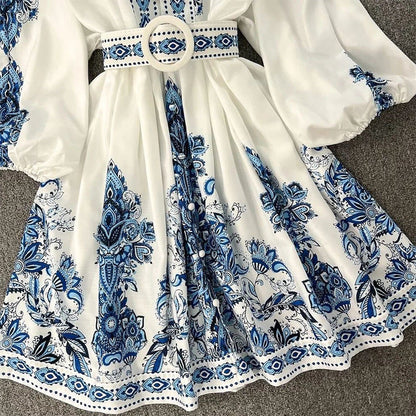Fall New Women'S Fashion V-Neck Long Sleeve Bohemian Print Dress