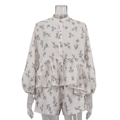 French Style Ruffle Bloom Sleeve Top And Shorts Set