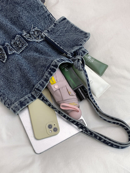 Trendy Denim Tote Bag Stylish Large Capacity Shoulder Bag