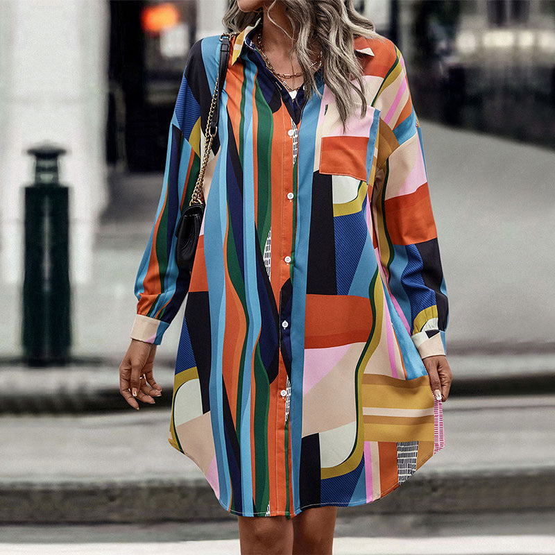New Fashion Women'S Color-Block Lapel Temperament Mid-Length Shirt Dress