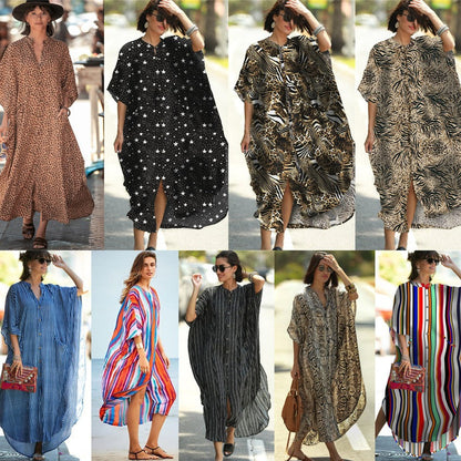 Four-Sided Elastic-Printed Beach Blouse Loose Pocket Single-Breasted Vacation Dress