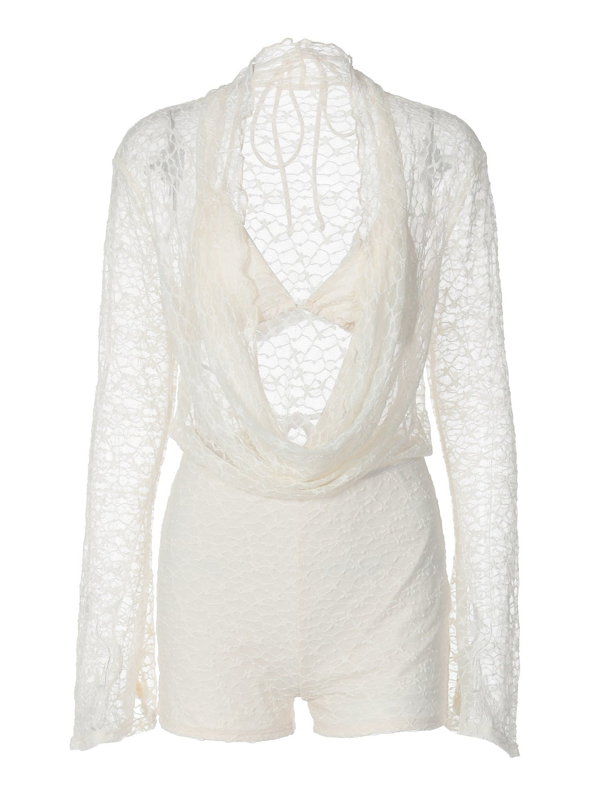 Sexy Hollow Plunging Neck Lace Long Sleeve Bodysuit Set