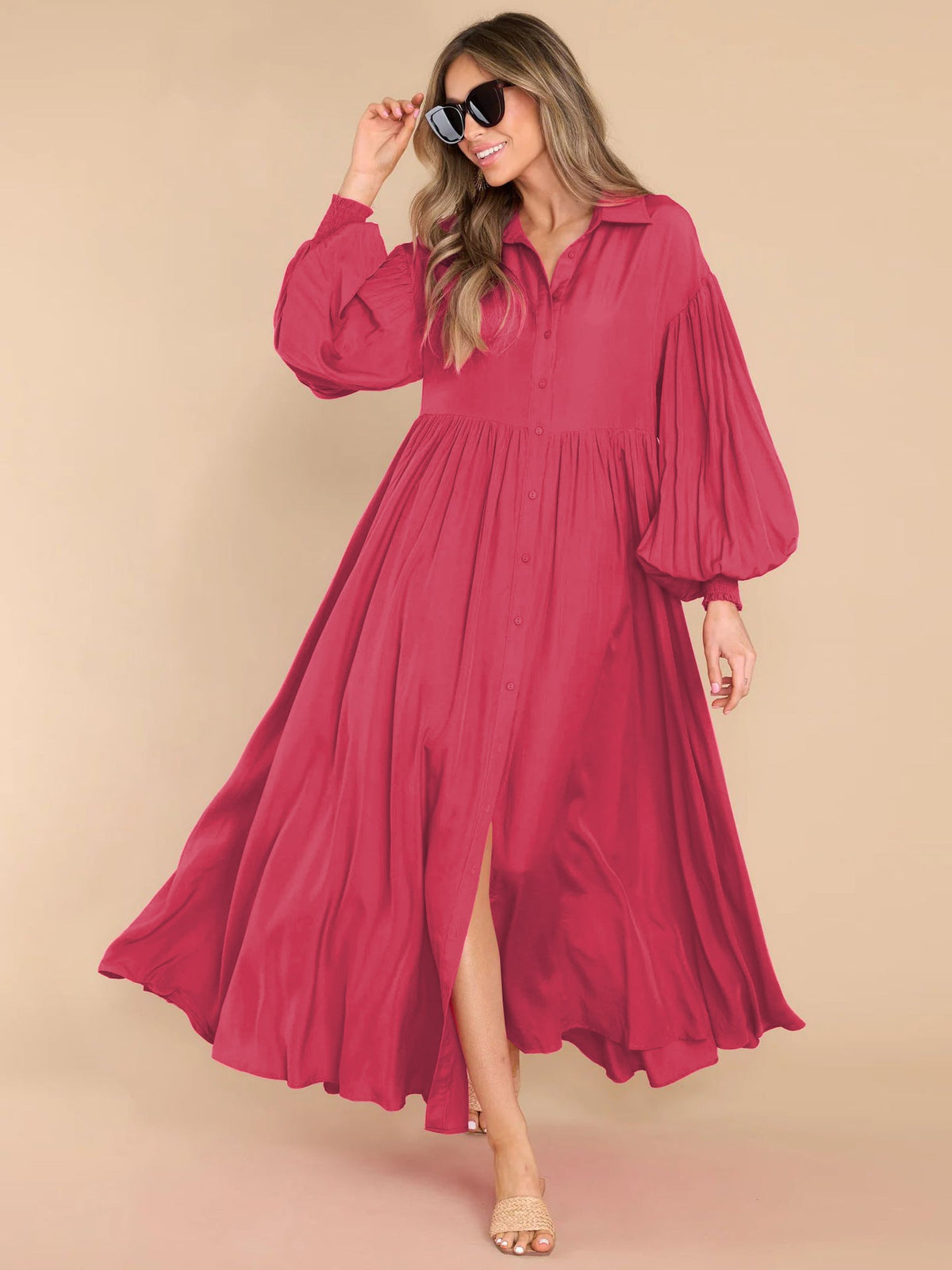 Autumn And Winter New Product Long Solid Color Dress Button Long Dress Loose Oversized Swing Skirt