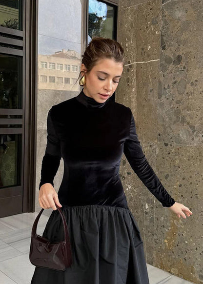 Velvet And Taffeta Maxi Dress With High Neck