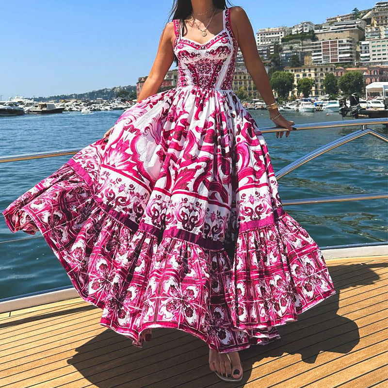 New Women'S Fashion Temperament Printed Suspenders Sleeveless Waist Swing Dress