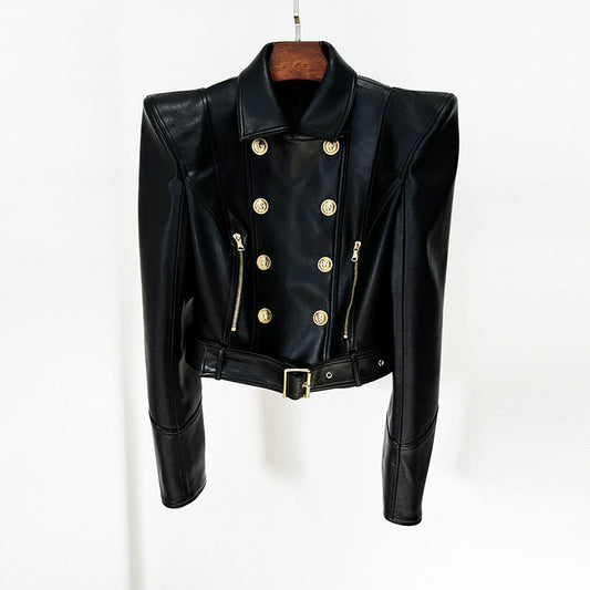 Double-Breasted Short PU Leather Biker Jacket