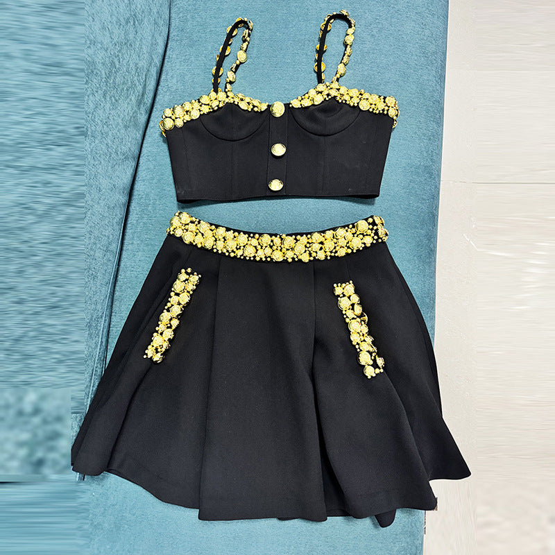 Fashionable Gold Button Decorated Cami Top And Maxi Skirt Set