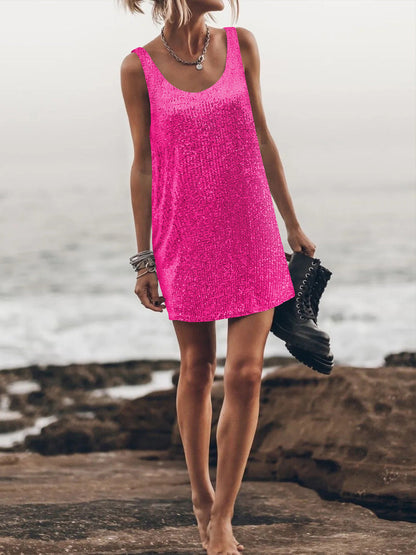 U-Neck Sleeveless Sparkly Backless Tank Dress Casual Chic