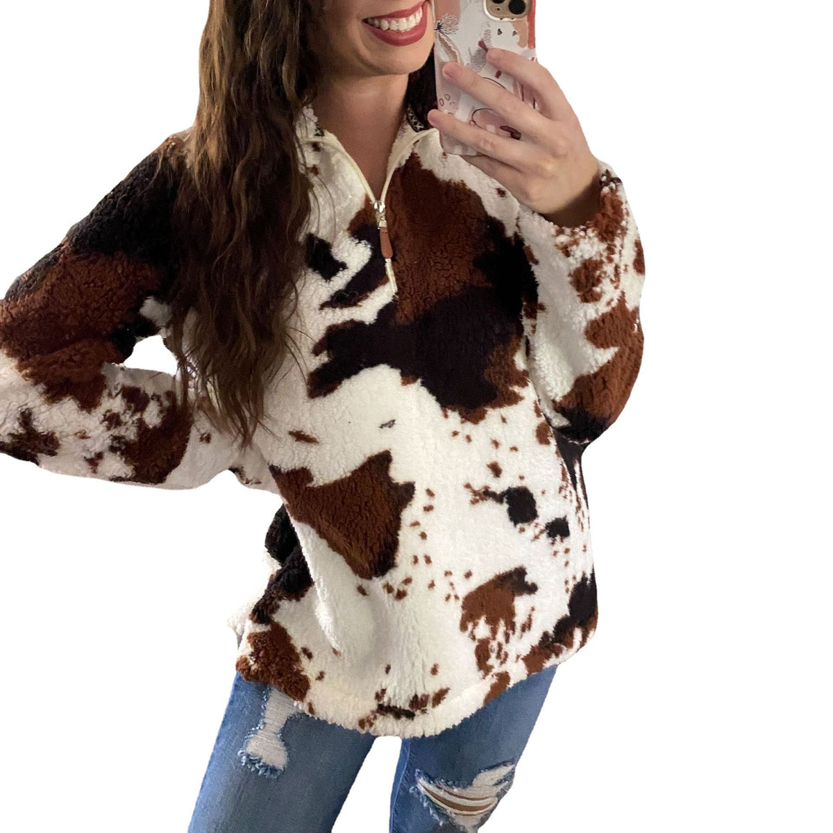 New Autumn And Winter Leisure Fashion Plush Coat Female Cow Printed Zipper Sweater