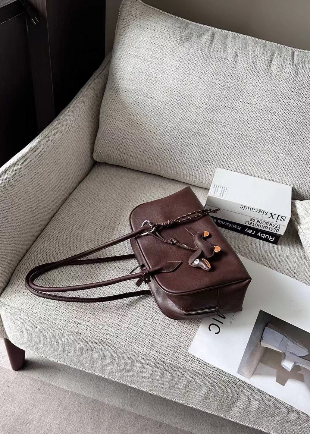 Faux Leather Structured Tote Bag With Charm