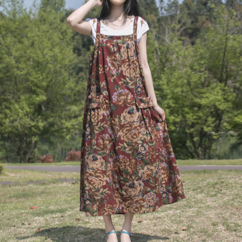 Spring And Autumn Ethnic Style Printed Cotton Hemp Strap Dress Loose Swing Large Pocket Long Dress