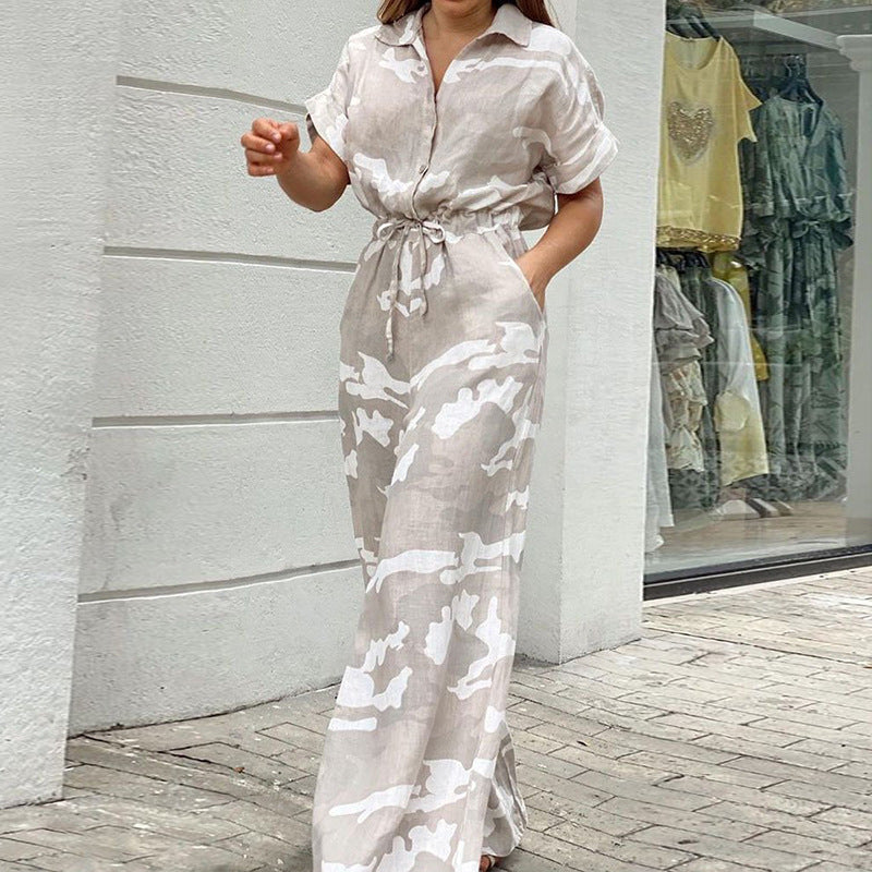 Summer Women'S Wear Fashion Polo Print Button Lace Up Jumpsuit
