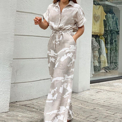 Summer Women'S Wear Fashion Polo Print Button Lace Up Jumpsuit