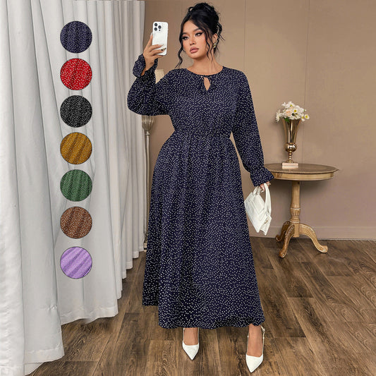 Plus Size Polka Dot Chiffon Dress With Flared Sleeves