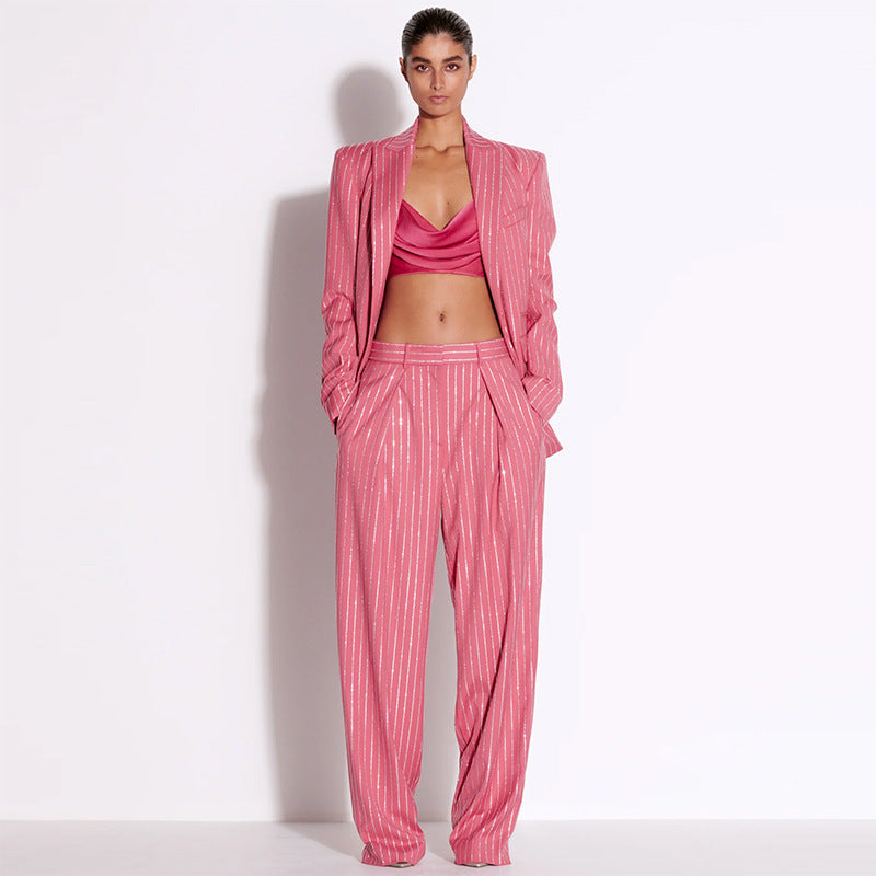 Elegant Crystal Rhinestone Suit Set With Long Pants