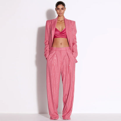 Elegant Crystal Rhinestone Suit Set With Long Pants