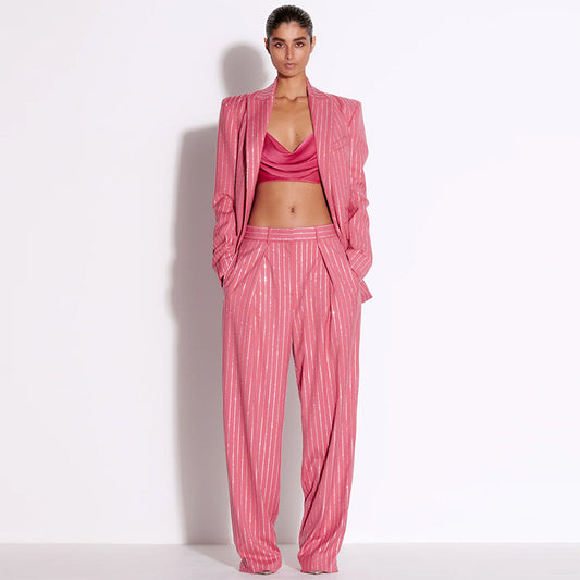 Elegant Crystal Rhinestone Suit Set With Long Pants