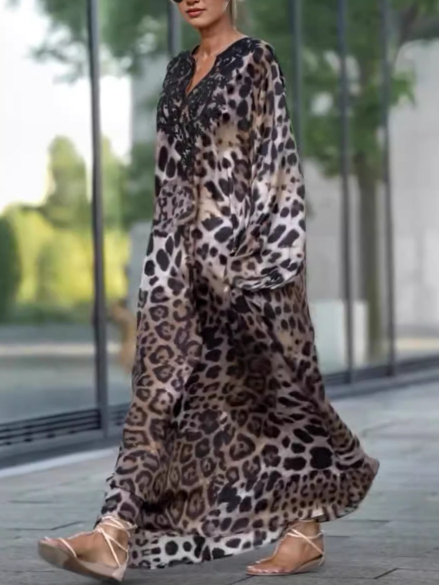 Loose Fit Leopard Print Long Sleeve Dress