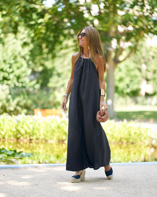 A Halterneck Slit Cotton And Linen Casual Holiday Dress