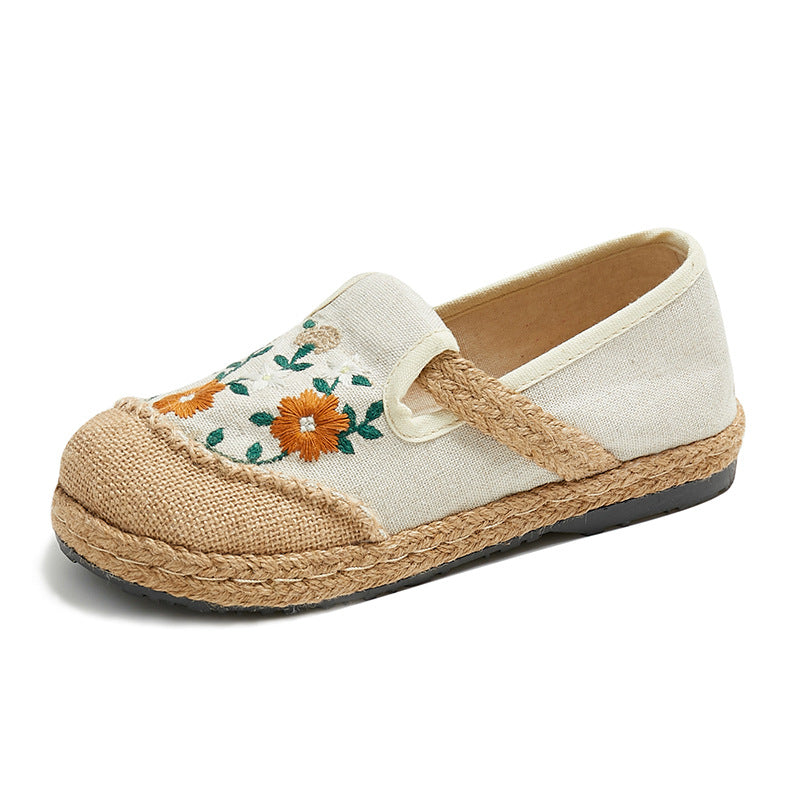 Spring Embroidered Shoes Flat-Heeled, Low-Cut Embroidered Shallow Shoes, Literary And Ethnic Style Women'S Shoes Linen Casual Shoes