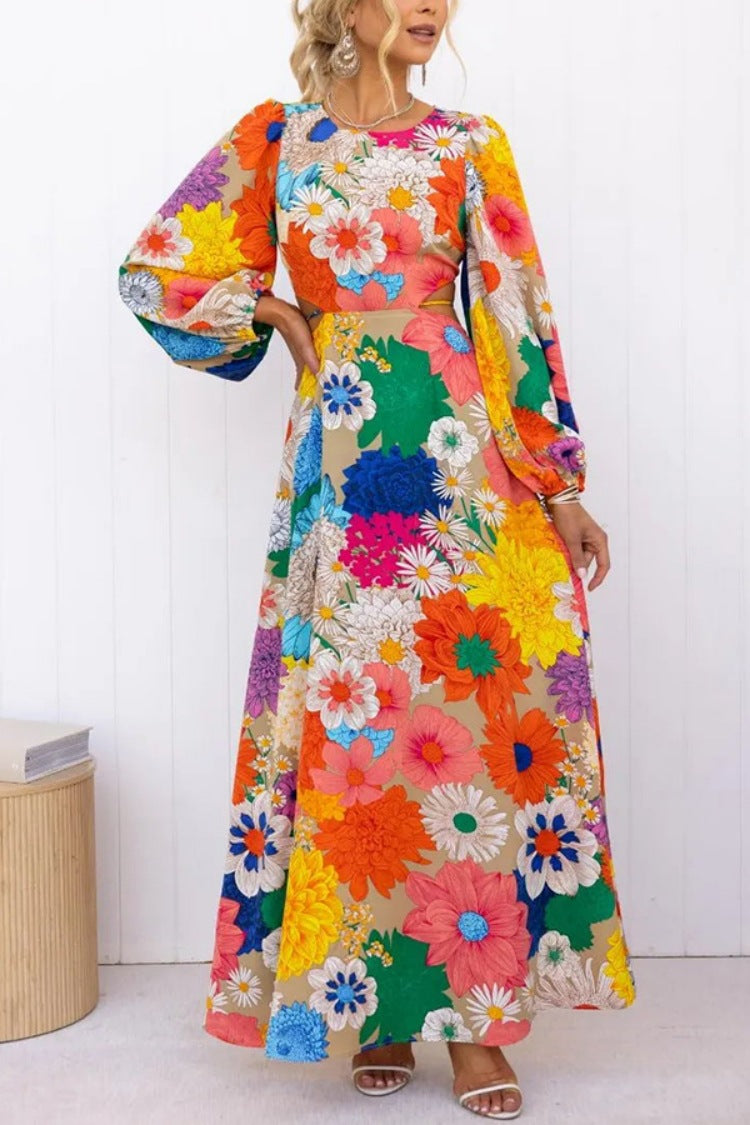 Autumn New Long Sleeve Dopamine Print Lace Up Waist Holiday Street Fashion Dress