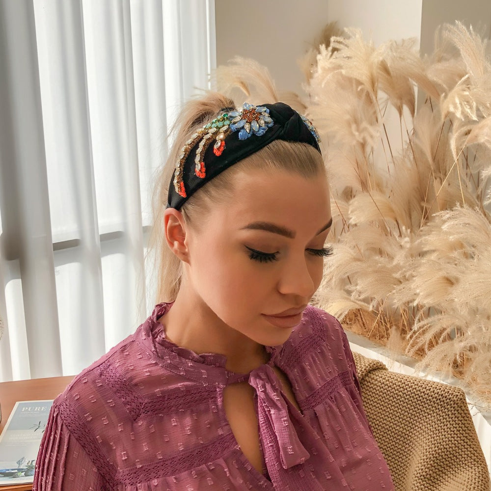 Stylish Hand-Stitched Embroidered Flowers Fabric Headband Personality Creative Diamond-Encrusted Knotted Headband For Women