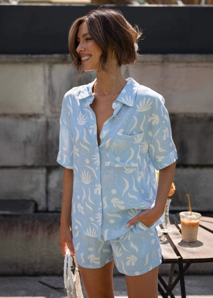 Light Blue Cotton Palm Print Co-Ord Set