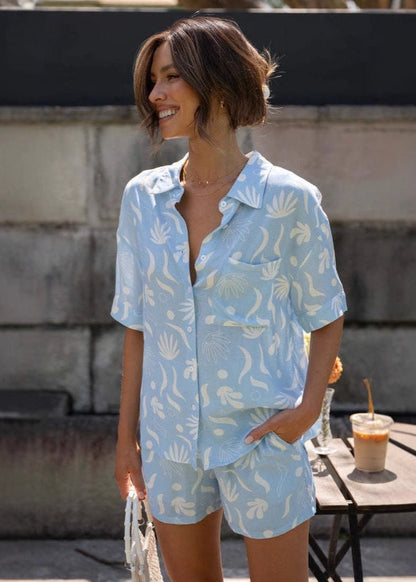 Light Blue Cotton Palm Print Co-Ord Set