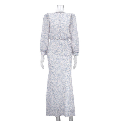 Floral Print High-Waisted Maxi Skirt and Long Sleeve Top Set