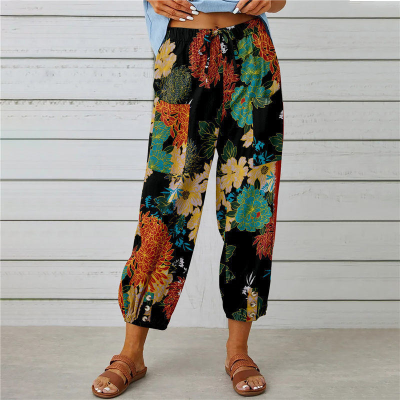 Cotton And Linen Women'S Pants High-Waisted Drawstring Cropped Pants Elasticated Waist Corset Retro Print Pants