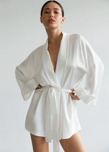 Satin Lace Trim Robe With Adjustable Waist Tie