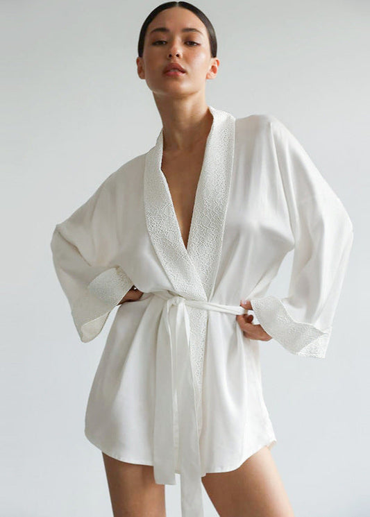 Satin Lace Trim Robe With Adjustable Waist Tie