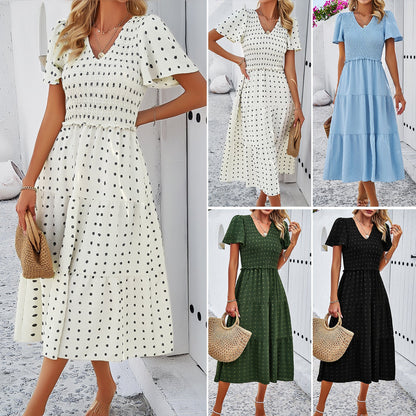 Polka Dot V-Neck Short Sleeve Dress Casual Elegant Polyester Dress