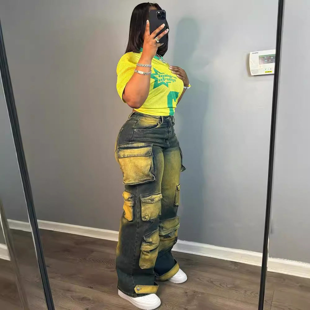 Chic High-Waisted Straight-Leg Denim Pants With Pockets