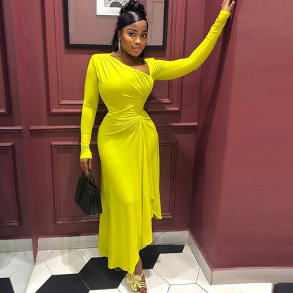 Elegant Ruffle Asymmetrical Dress With Long Sleeves