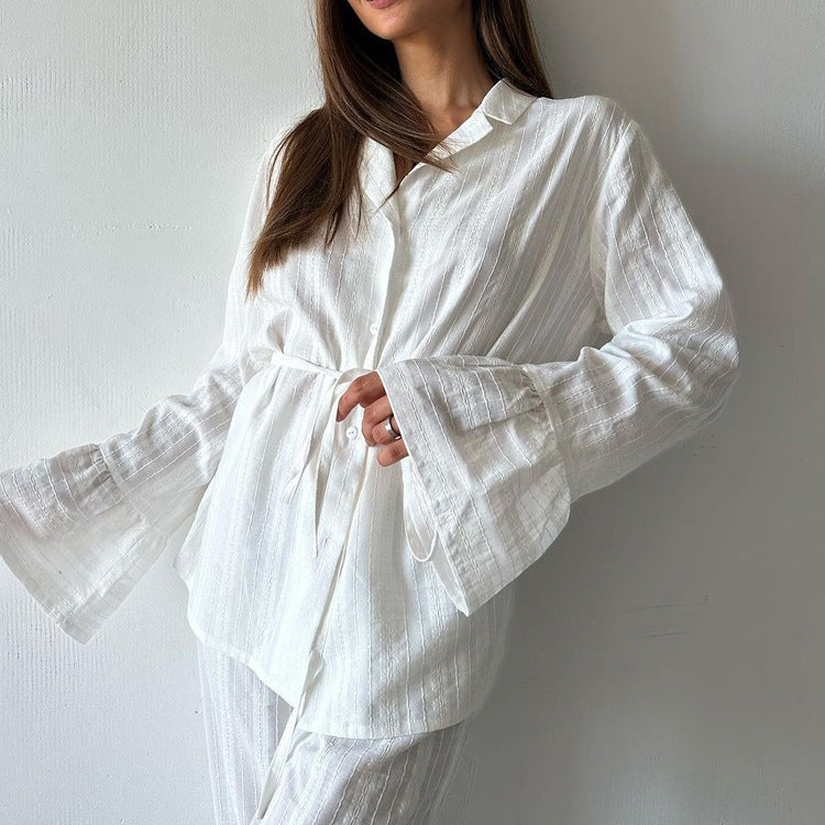 Casual Ruffled Shirt And Pant Set Cotton Long Sleeve