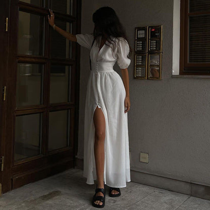 Elegant Puff Sleeve Fitted Maxi Dress with Slit