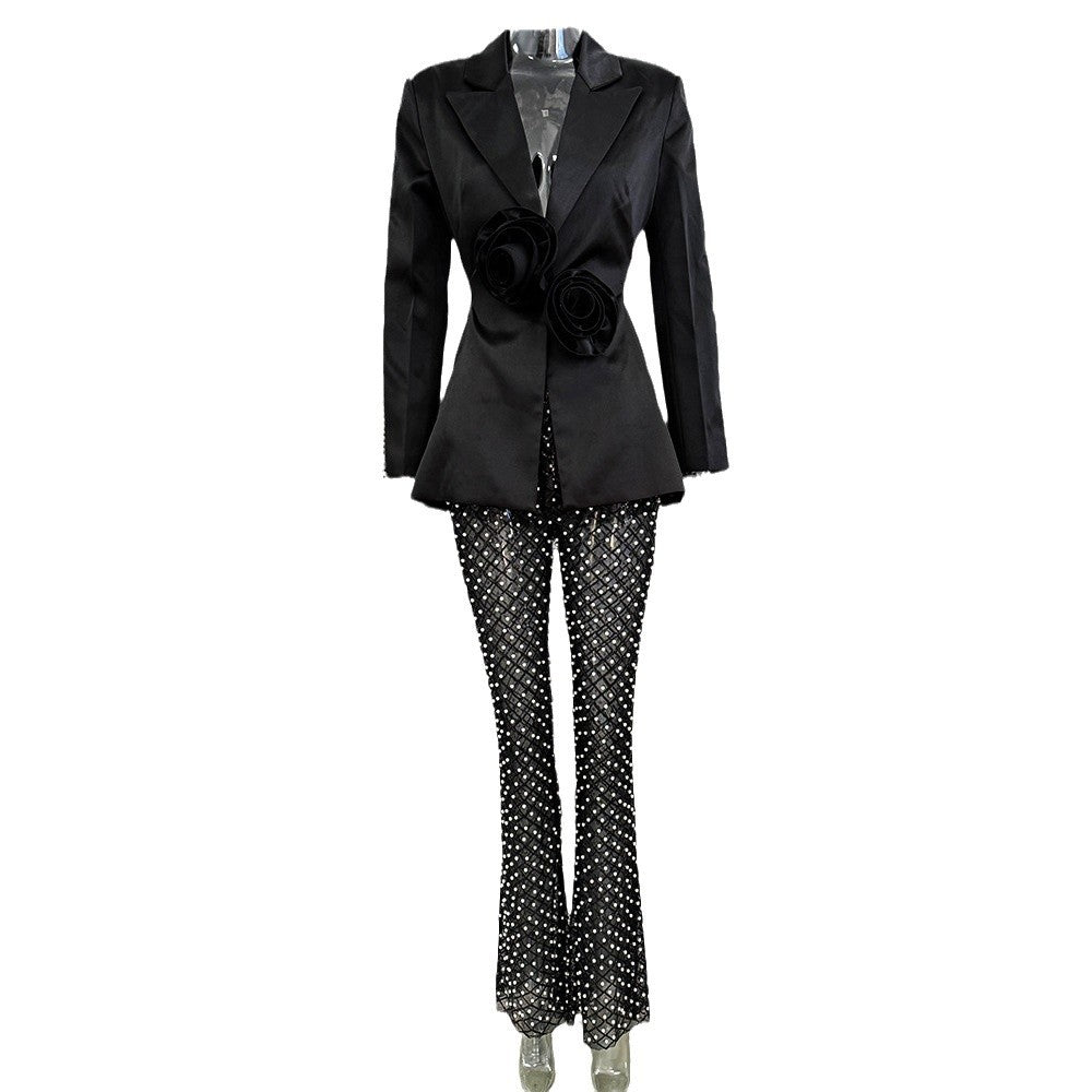 Trendy Hollow Floral Beaded Blazer Pants Set