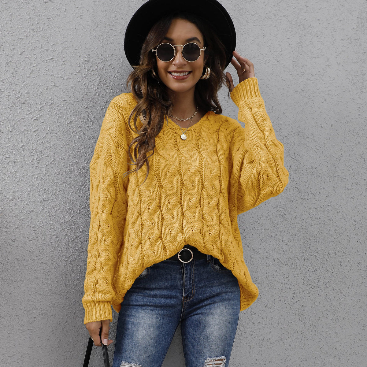 Fashionable Chunky Knit V-Neck Hoodie Sweater For Women