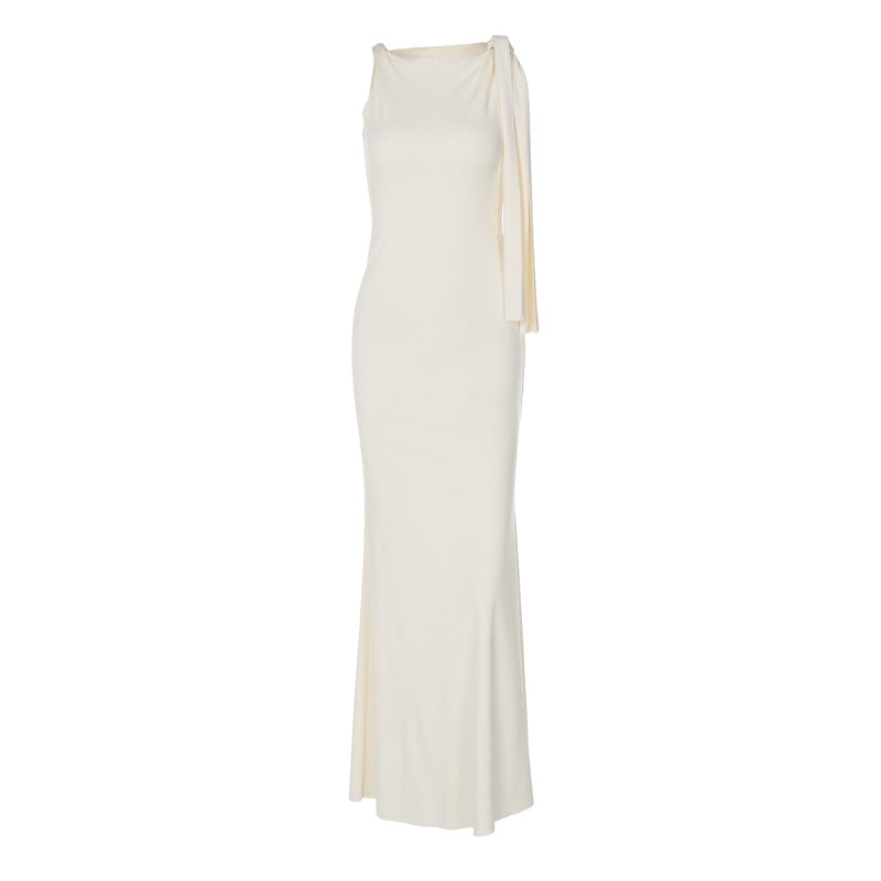 Fashionable Solid Color One-Shoulder Dress with Shoulder Tie